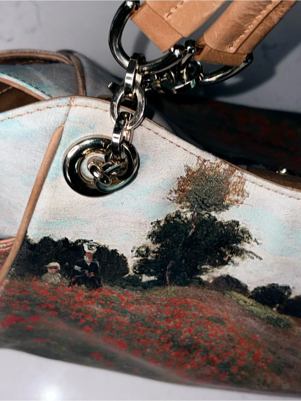 Icon Los Angeles Vintage Leather Tote Bag Claude Monet Poppy Field Art Handbag